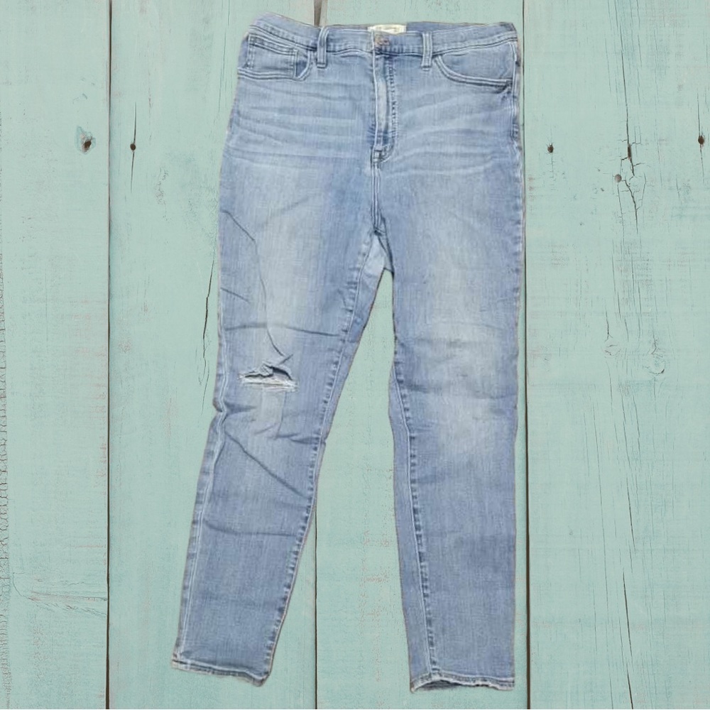 J. Crew Madewell Fair Trade Roadtripper Light Blue Jeans with Torn Knee